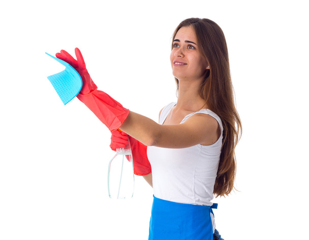 Mujer que usa plumero y detergente
 - Foto, Imagen