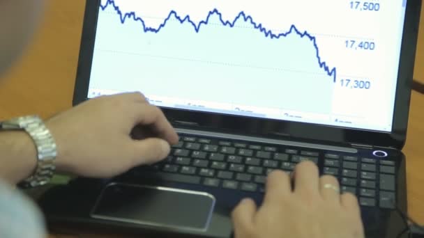 Een jonge zakenman die werken met een voorraad computer schermen voor hem. - Video