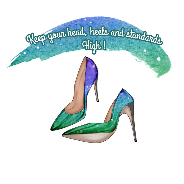 Fashion Illustration - grappig citaat op witte achtergrond en stiletto schoenen - Foto, afbeelding