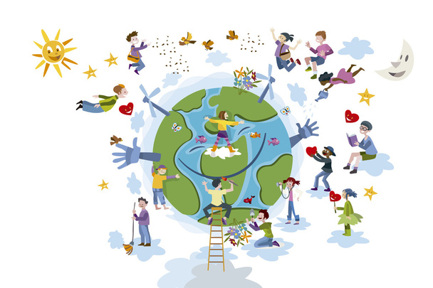 Children Take care of Planet Earth  White - Vector, Image
