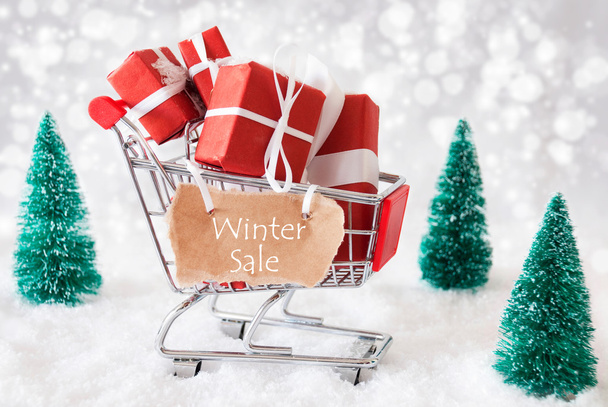 Trolly With Christmas Presents And Snow, Text Winter Sale - Fotó, kép