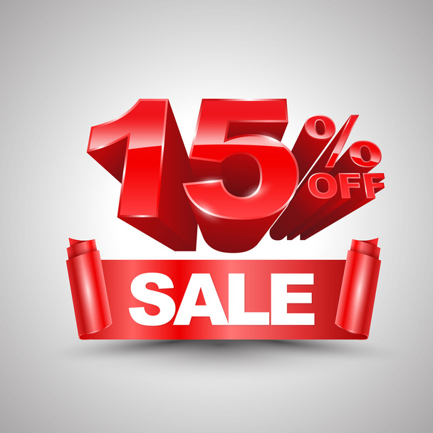 15 percent off sale red ribbon banner roll 3D style. - Vector, Image