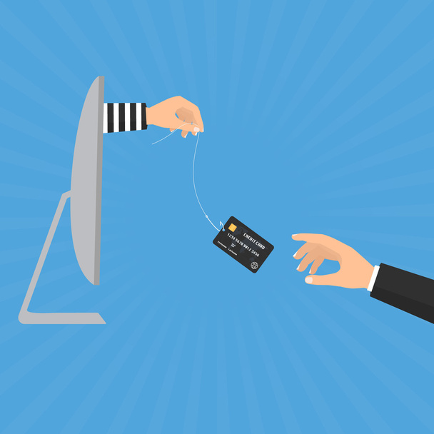 Hacker thief hand with fishing hook with credit cards from computer internet online and victim businessman hand. Vector illustration business and cyber crime concept design. - ベクター画像