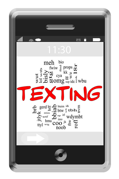 Tekstailu Word Cloud Concept kosketusnäytöllä Puhelin
 - Valokuva, kuva