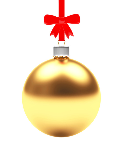 Décoration de Noël. Boule de Noël dorée avec noeud rouge sur blanc
  - Photo, image