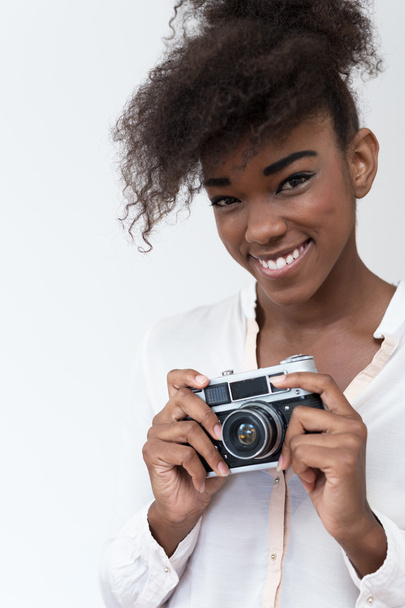 Afro american woman with vintage camera - Foto, immagini