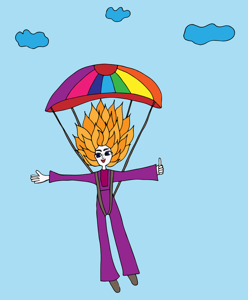 Kleurrijke meisje springt met een parachute op een achtergrond wolken - Vector, afbeelding
