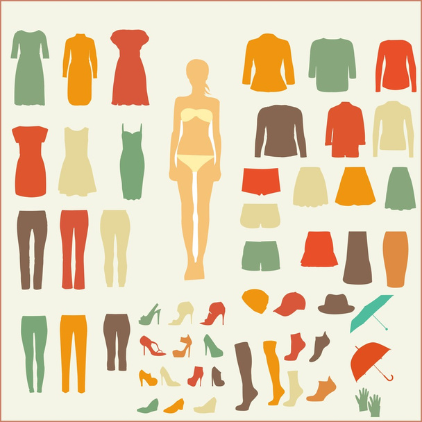 Um conjunto de roupas femininas em estilo retro
  - Vetor, Imagem