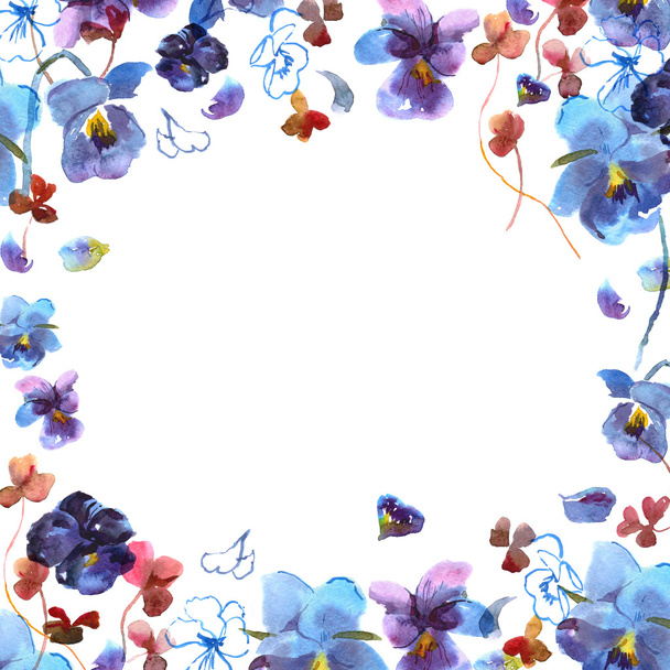 Cute watercolor circular flower frame. Background with watercolor blue pansies.  - Fotó, kép
