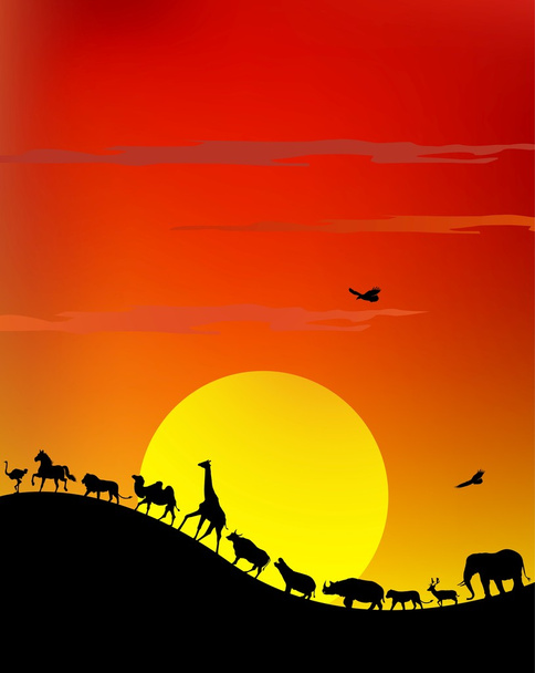 Silhouette einer Safari-Tierwelt mit riesigem Sonnenhintergrund - Vektor, Bild