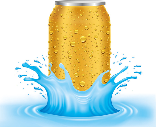 gold tin, can with water drops standing in water - Vector, Image
