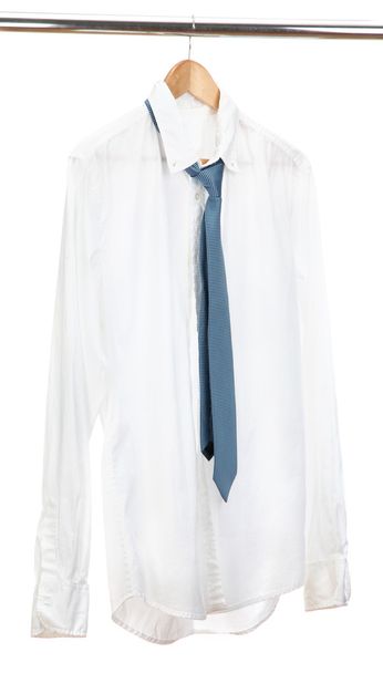 shirt with tie on wooden hanger isolated on white - Zdjęcie, obraz