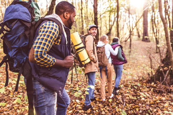 Young backpackers in autumn forest - 写真・画像