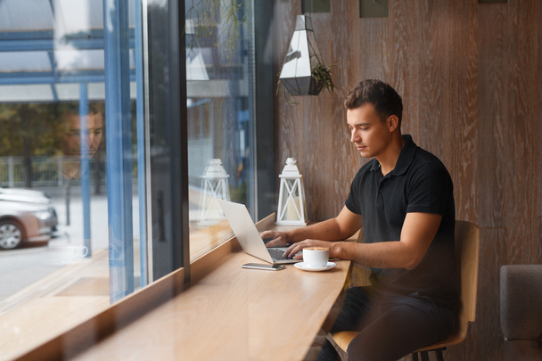 Man Laptop Coffee Work Cafe Concept - Photo, Image