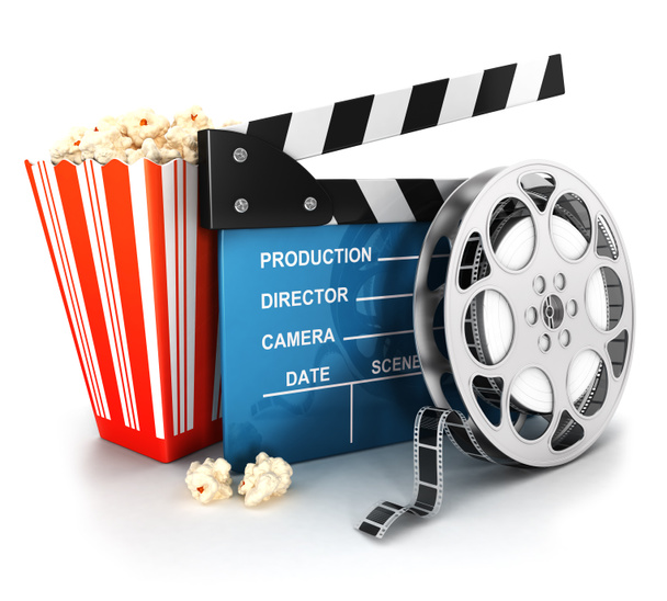 3d cinema clapper, film reel and popcorn - Photo, Image