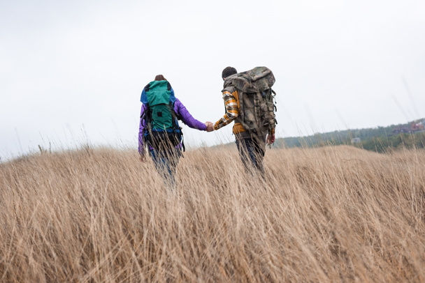 A fiatal pár, hátizsákok, séta a vidéken - Fotó, kép