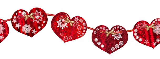 Horizontal floral border. Pattern, seamless, Christmas background. Bright Christmas garland decoration in the form of red hearts and white snowflakes. - Photo, image