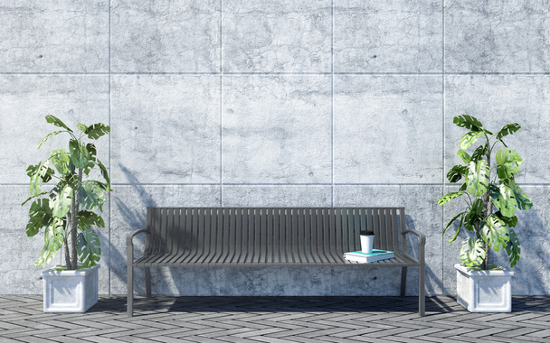 Metal outdoor bench with decorative plants on bright concrete wall background, outdoor exterior - Zdjęcie, obraz