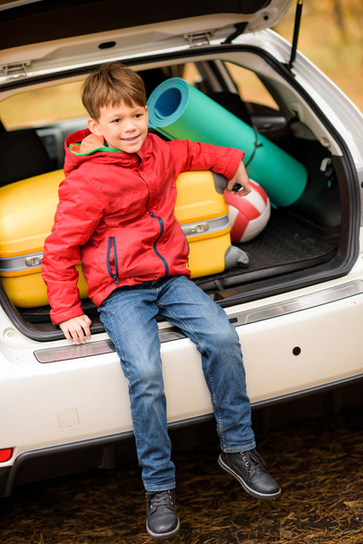 Smiling boy sitting in car trunk - 写真・画像