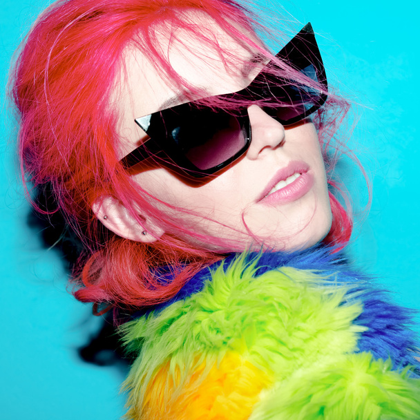 Lady with red Fancy Hair and fur coat. stylish Sunglasses Club S - Φωτογραφία, εικόνα