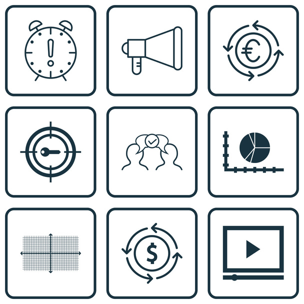 Set von 9 universell editierbaren Symbolen für Projektmanagement, Werbung und Reisethemen. beinhaltet Symbole wie Währungsrecycling, Geldrecycling, Ankündigung und mehr. - Vektor, Bild