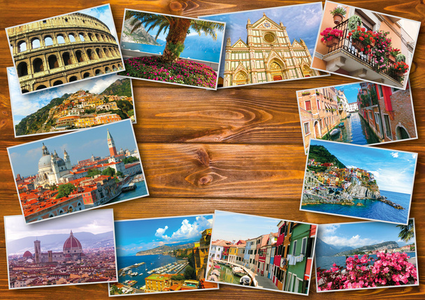 Collage from photos of Italy on wooden background - Photo, Image