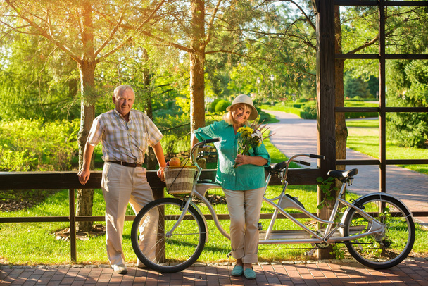 Senior couple near tandem bicycle. - 写真・画像