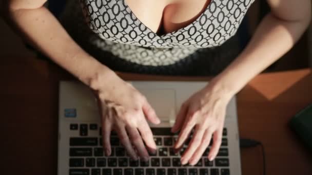 Busty sexy business woman working for a laptop. top view - Metraje, vídeo