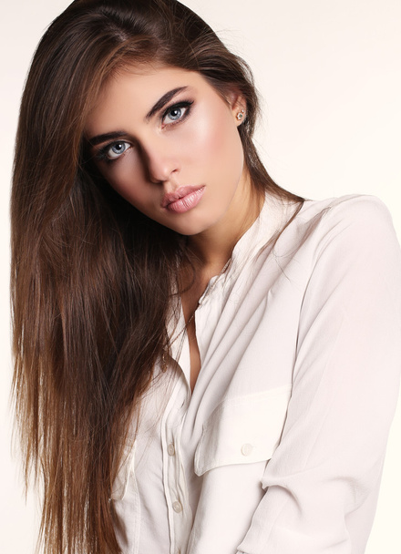 beautiful woman with long dark hair in elegant clothes  with accessories - Zdjęcie, obraz