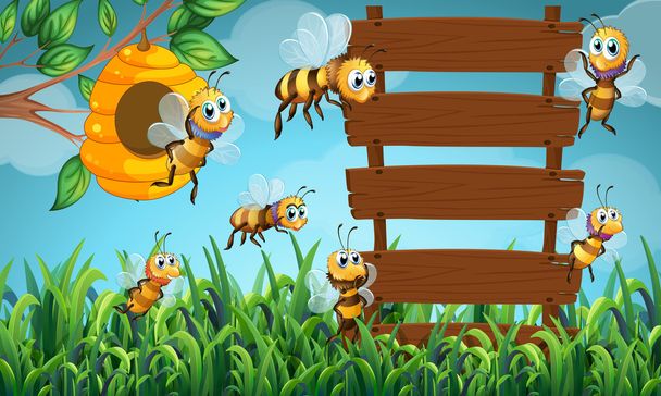 Señal de madera y abeja volando en el jardín
 - Vector, imagen