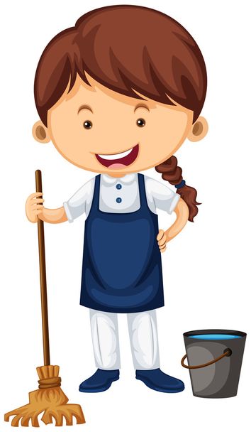 Female cleaner with broom and water bucket - Vector, imagen