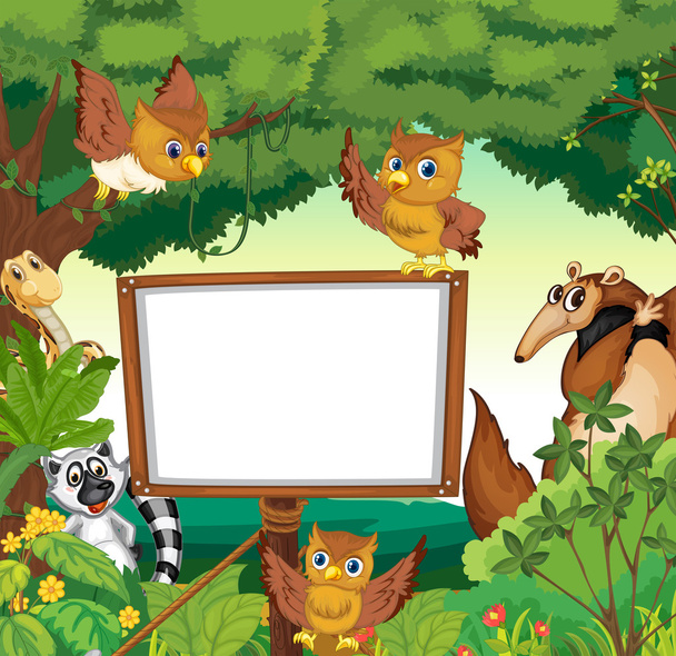 Дикие животные и доска в джунглях
 - Вектор,изображение