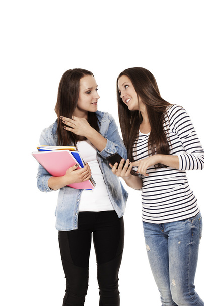 Two communicating teenage students with a smartphone - Photo, Image