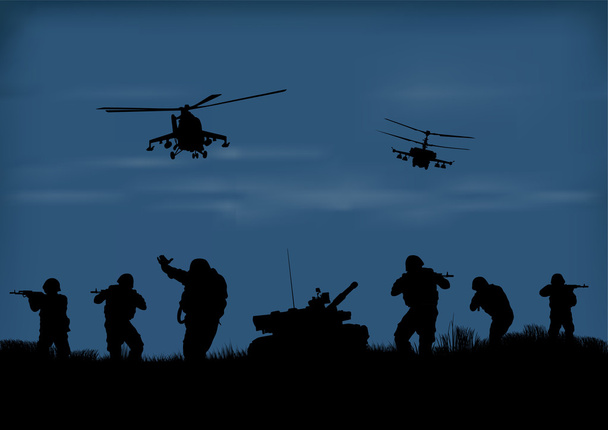 Illustration, les soldats vont attaquer et les hélicoptères
. - Vecteur, image