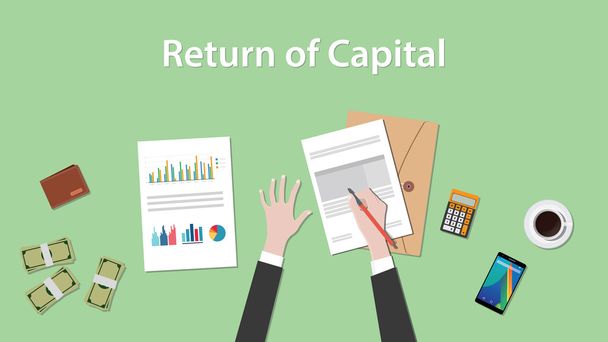retorno de la ilustración de capital con el hombre de negocios que trabaja en papel gráfico de documentos dinero y firmar un
 - Vector, imagen