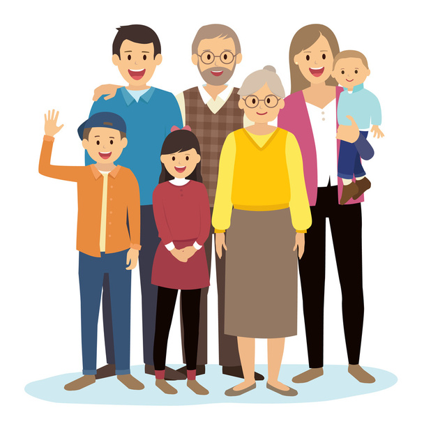 Ευτυχισμένη οικογένεια μεγάλο με πολύχρωμα ρούχα - Διάνυσμα, εικόνα