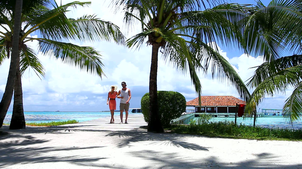 romantický pár chůze na mostě mezi palmami - Záběry, video