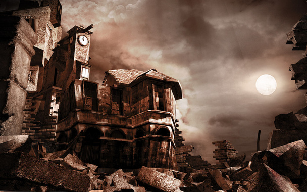 Maison en ruine et tour de l'horloge
 - Photo, image