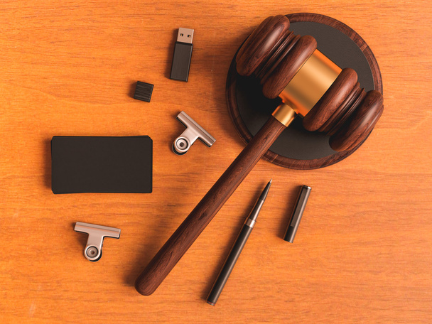 Judge's gavel, business card on wooden table. 3D illustration - Фото, изображение