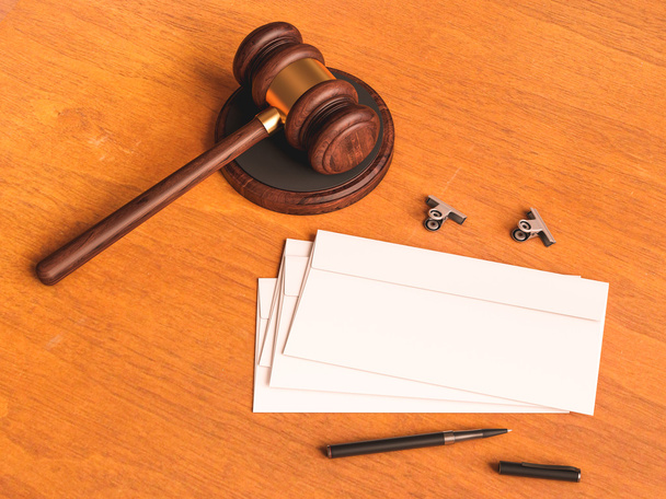 Judge's gavel on wooden table. 3D illustration - Foto, imagen