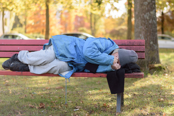 Homeless elderly woman sleeping rough in a park - Fotografie, Obrázek