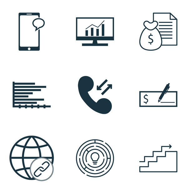 Set van 9 universele bewerkbare iconen voor projectbeheer, statistieken en Management Topics. Bevat pictogrammen zoals Messaging, mobiele Data, Connectivity en meer. - Vector, afbeelding