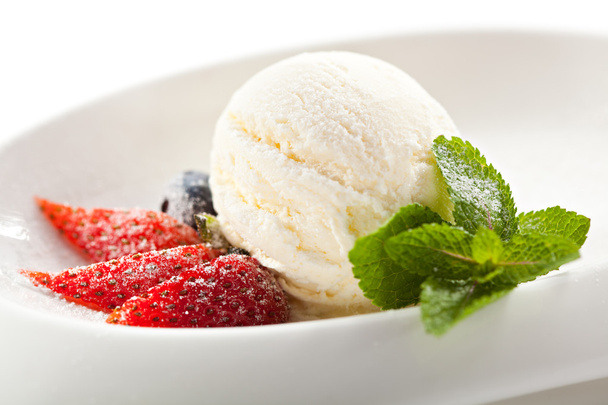Ice Cream Garnished with Strawberry and Mint - Valokuva, kuva