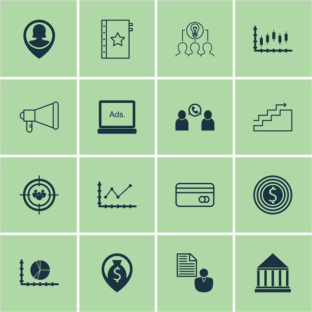Set van 16 universele bewerkbare iconen voor reclame, statistieken en Business Management Topics. Bevat pictogrammen zoals Business doel, cirkel grafiek, focusgroep en meer. - Vector, afbeelding