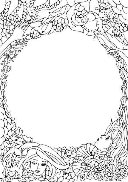 Floral decorative element with round space for text. Surreal female faces, leaves, waves, branches and flowers. Black and white vector illustration for coloring pages or other. - Vector, imagen