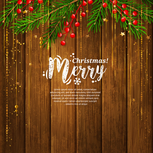Karácsonyi kártya garland készült fenyő ágak, piros bogyós gyümölcsök, arany pezsgő vonalak. Fa deszka háttér. Vektor. - Vektor, kép