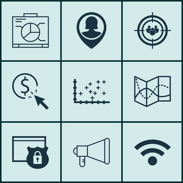 Set Of 9 Universal Editable Icons For Management, Project Management And Traveling Topics. Includes Icons Such As Wireless, Board, Security And More. - Διάνυσμα, εικόνα