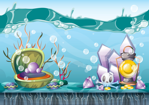 cartoon vector underwater treasure background with separated layers for game art and animation - Vector, Image