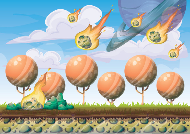 Cartoon vector landschap met meteor achtergrond met gescheiden lagen voor game art en animatie - Vector, afbeelding