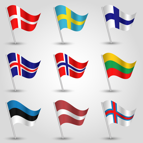 9つのフラグのベクトルセット - 単純な三角形のデンマーク語、フィンランド語、アイスランド語、ノルウェー語、スウェーデン語、エストニア語、リトアニア語、ラトビア語、および斜めの銀のポール上のフェローの旗を振る - 北ユーロの状態のアイコン - ベクター画像